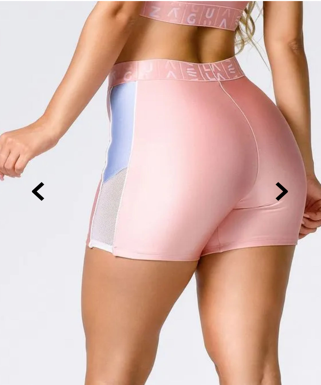 Conjunto poliamida rosa claro e azul infinito com elástico feminino