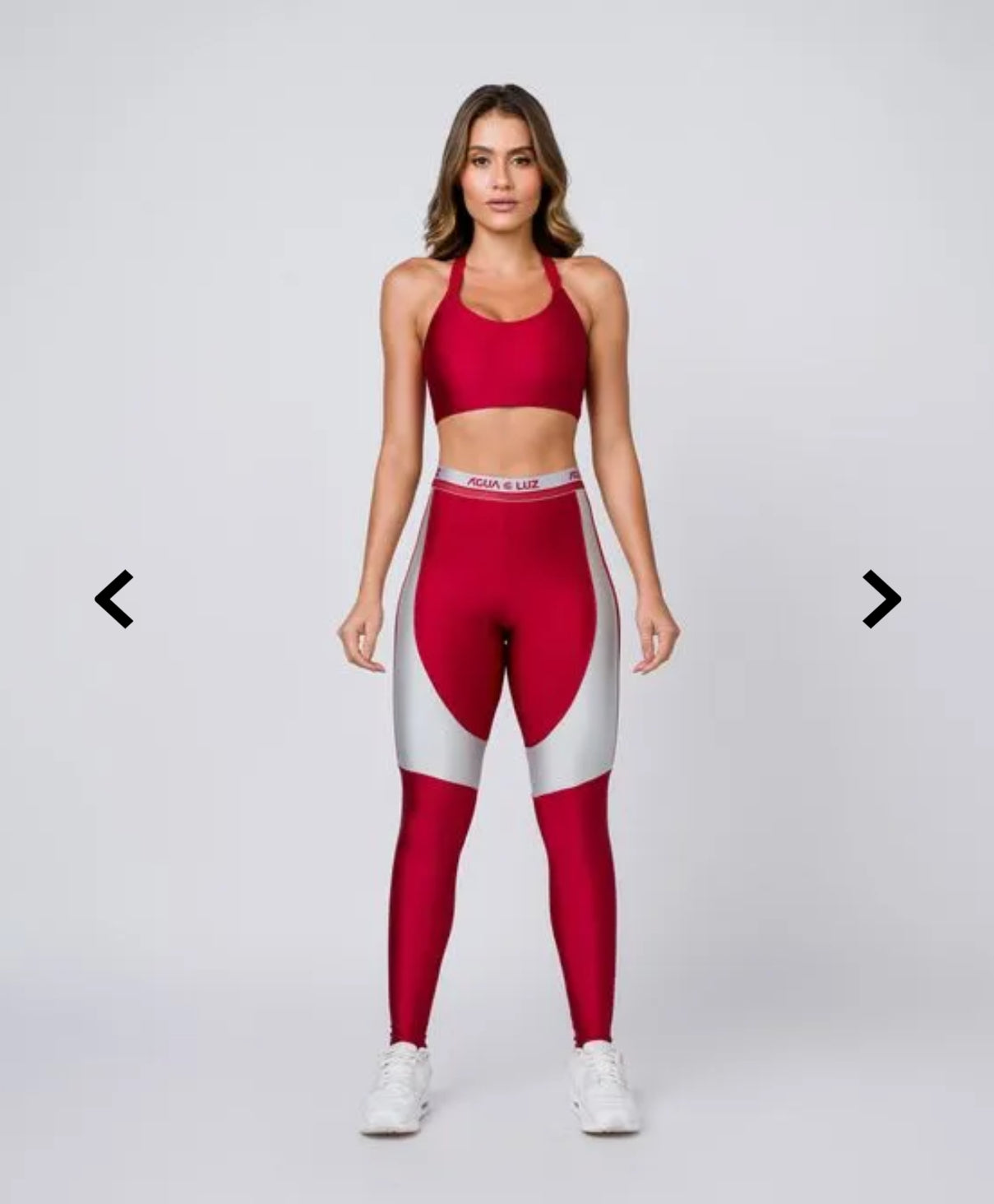 Calça poliamida carmim com recorte prata metalizado e elástico personalizado