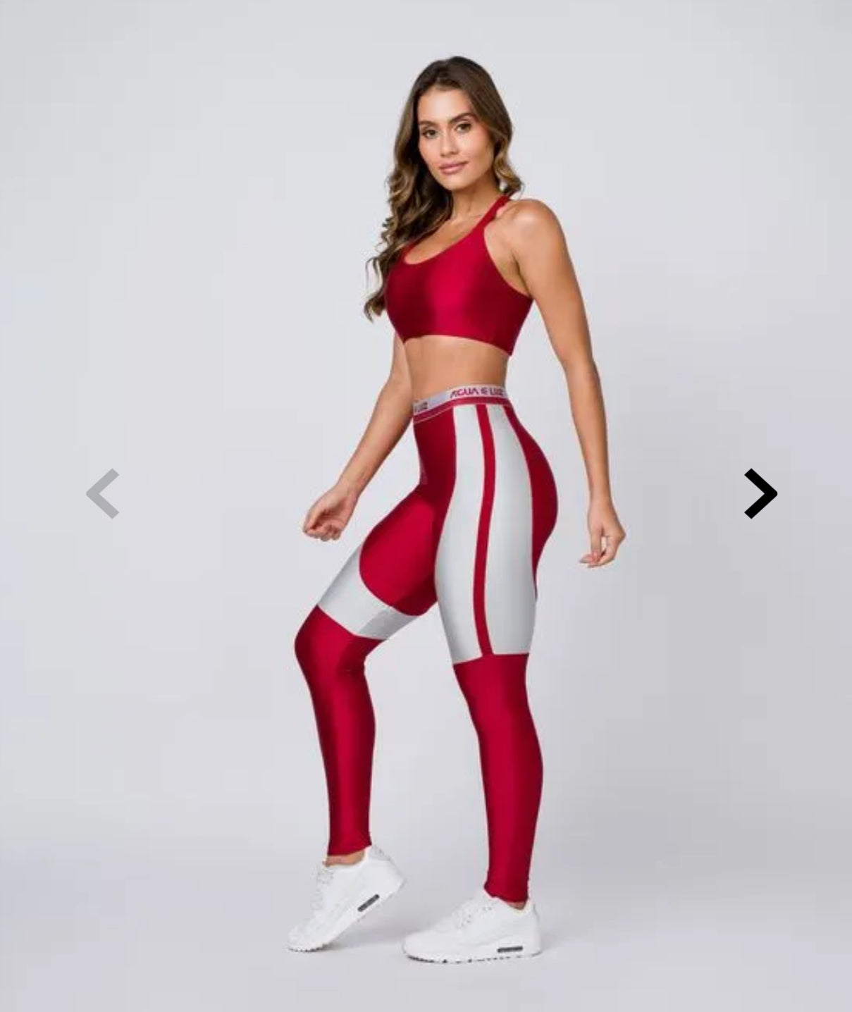 Calça poliamida carmim com recorte prata metalizado e elástico personalizado