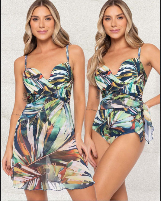 Maiô com Sainha Sobreposta e Bojo – Lilás ou Azul Marinho Estampad