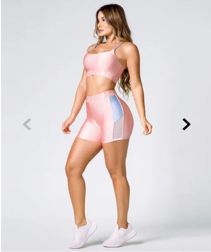 Conjunto poliamida rosa claro e azul infinito com elástico feminino